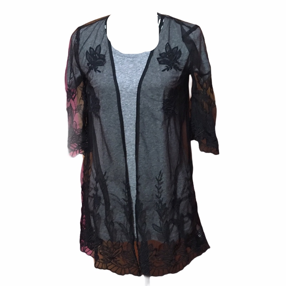 Maurice’s Black Mesh Embroidered Kimono